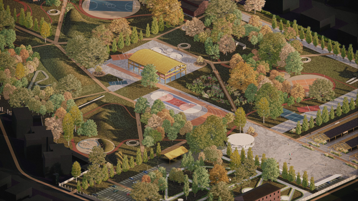 Parco urbano Monte Pasubio assonometria area multisport e rain garden